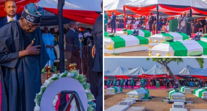 Okuama Killings: Tinubu, legislators, governors condole with families of late Officers and soldiers at funeral