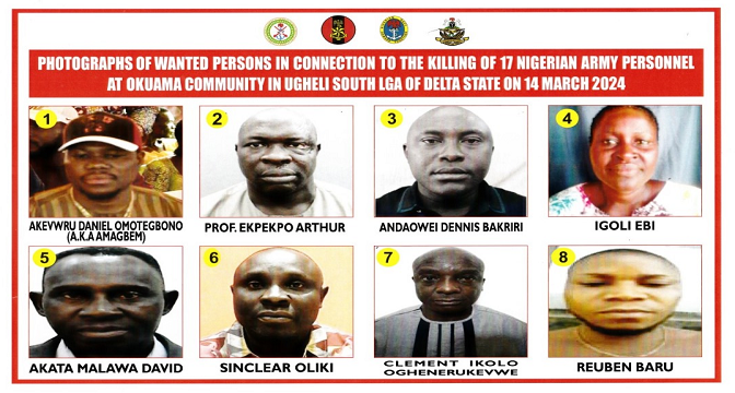 Okuama Killings: Defence HQ announces 8 alleged perpetrators wanted for murder of 17 soldiers